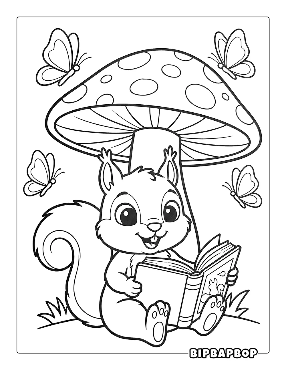 Squirrel Reading A Book Coloring Page
