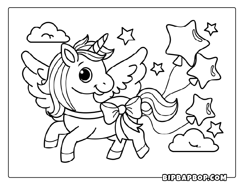 Star Balloon Unicorn Coloring Page