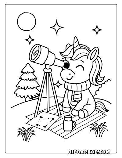 Stargazing Unicorn Coloring Page
