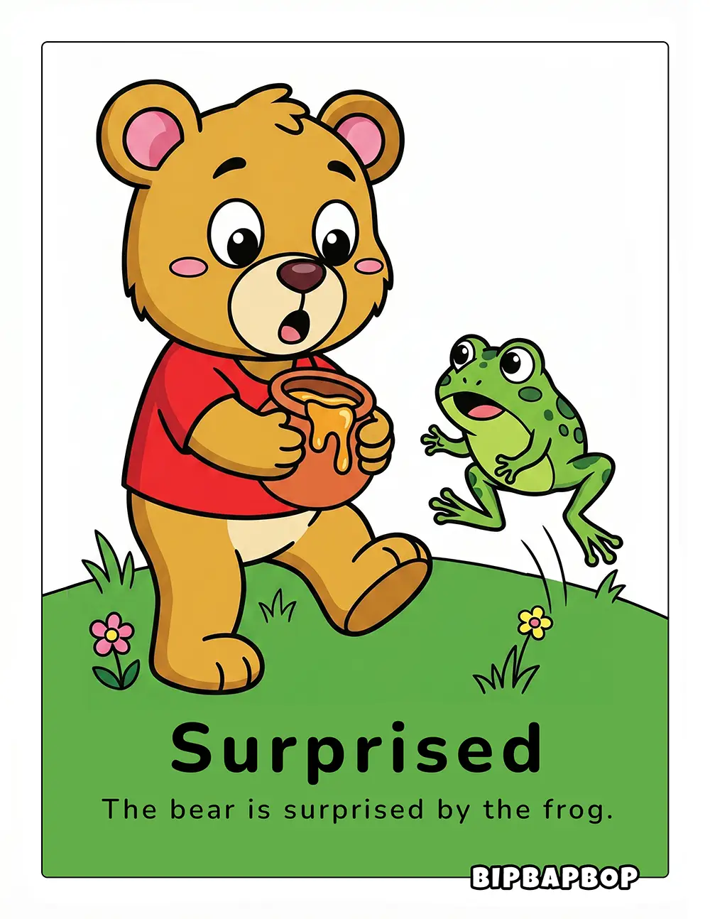 The bear is surprised by the frog