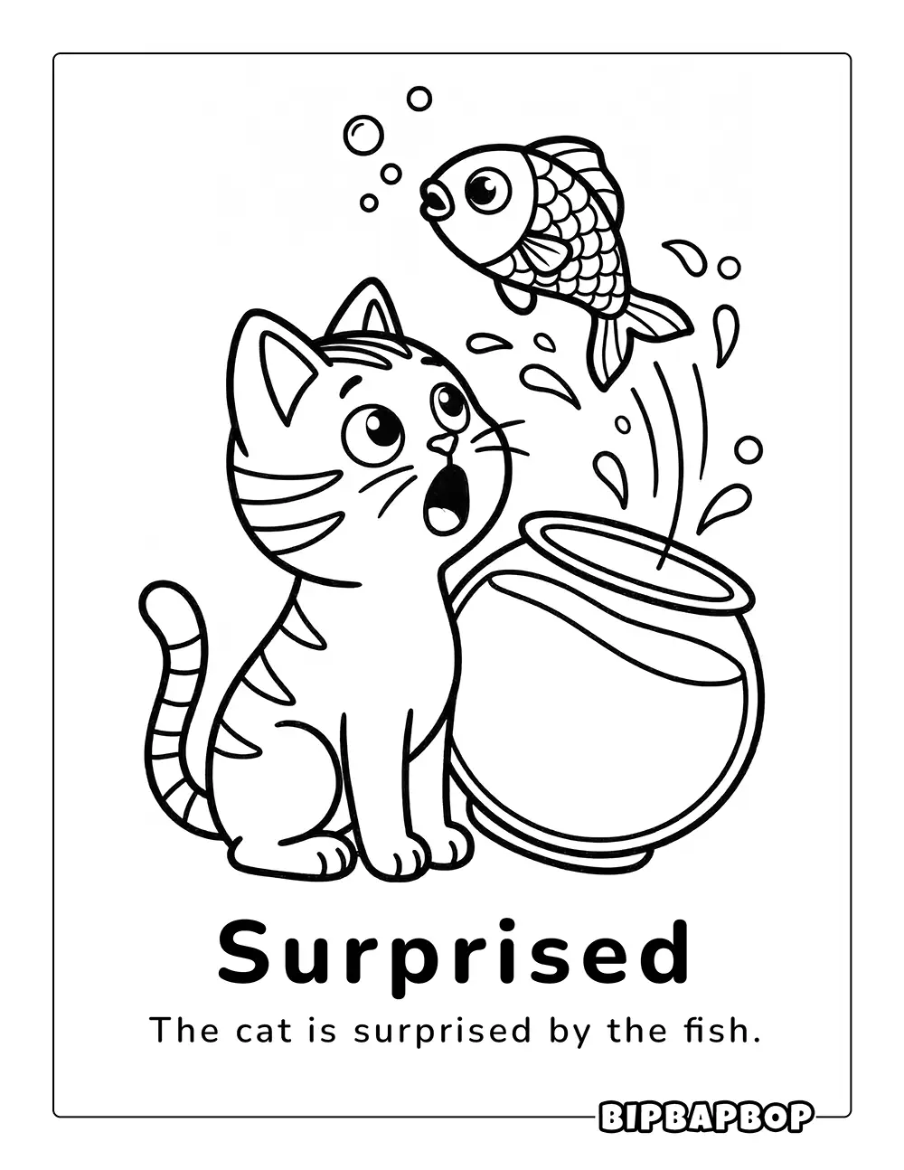A kitten surprised by a jumping fish