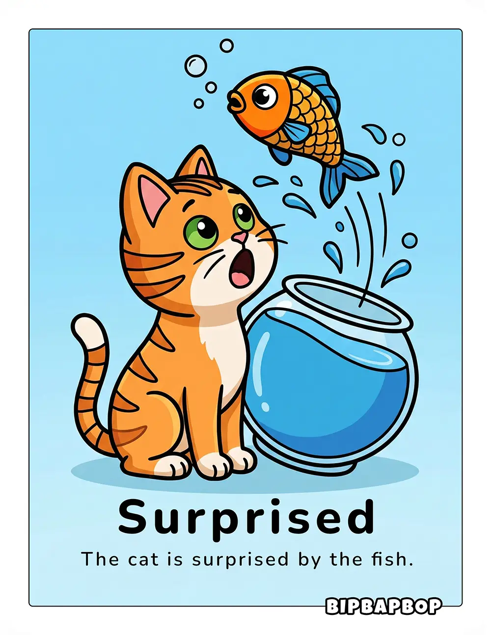 The cat is surprised by the fish