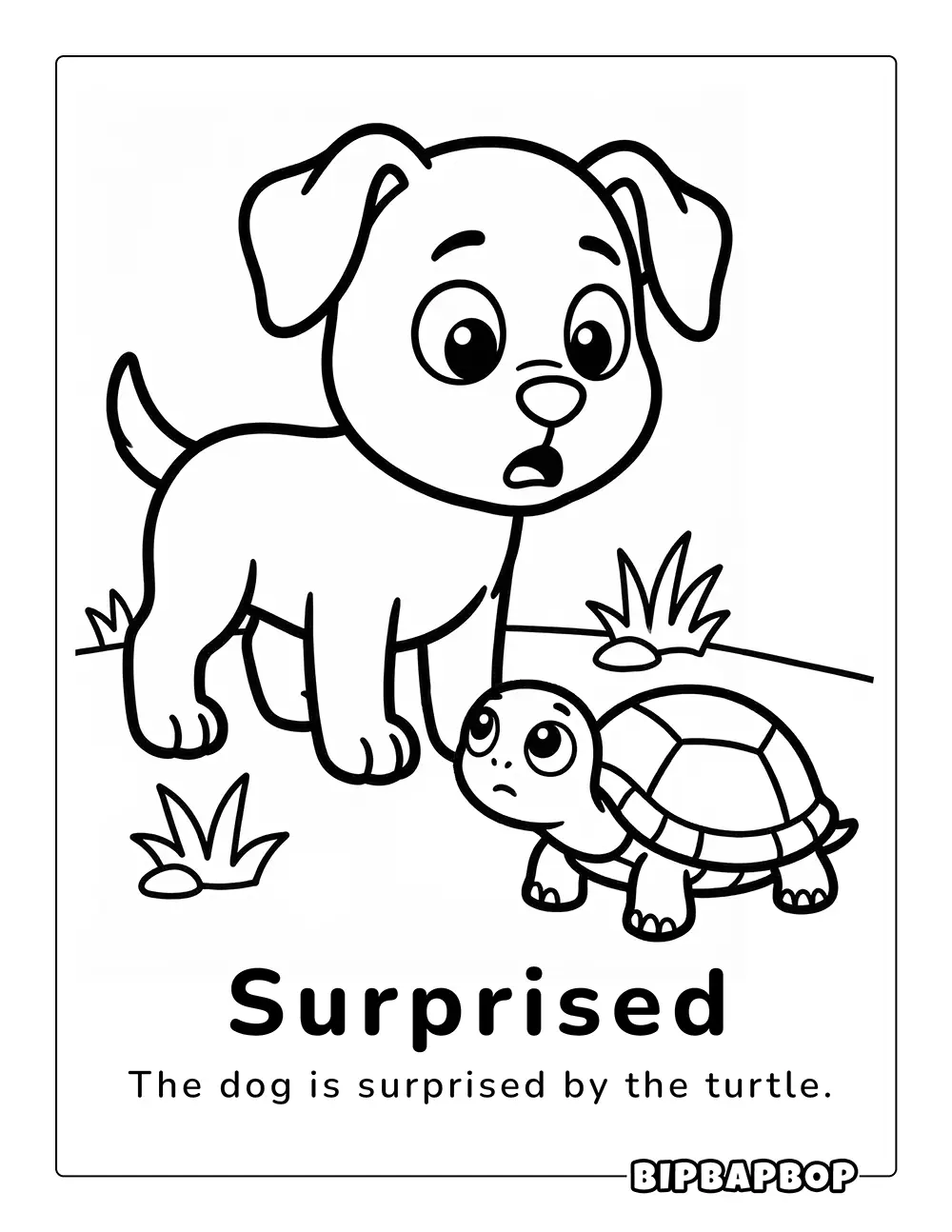 A dog surprised by a turtle in the grass