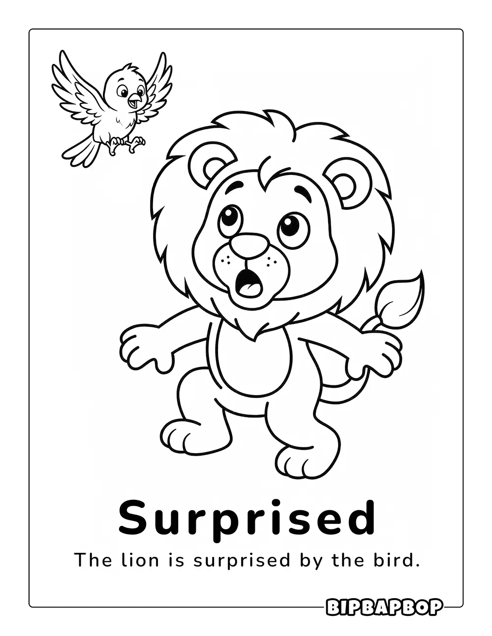 A lion surprised by a bird flying near him