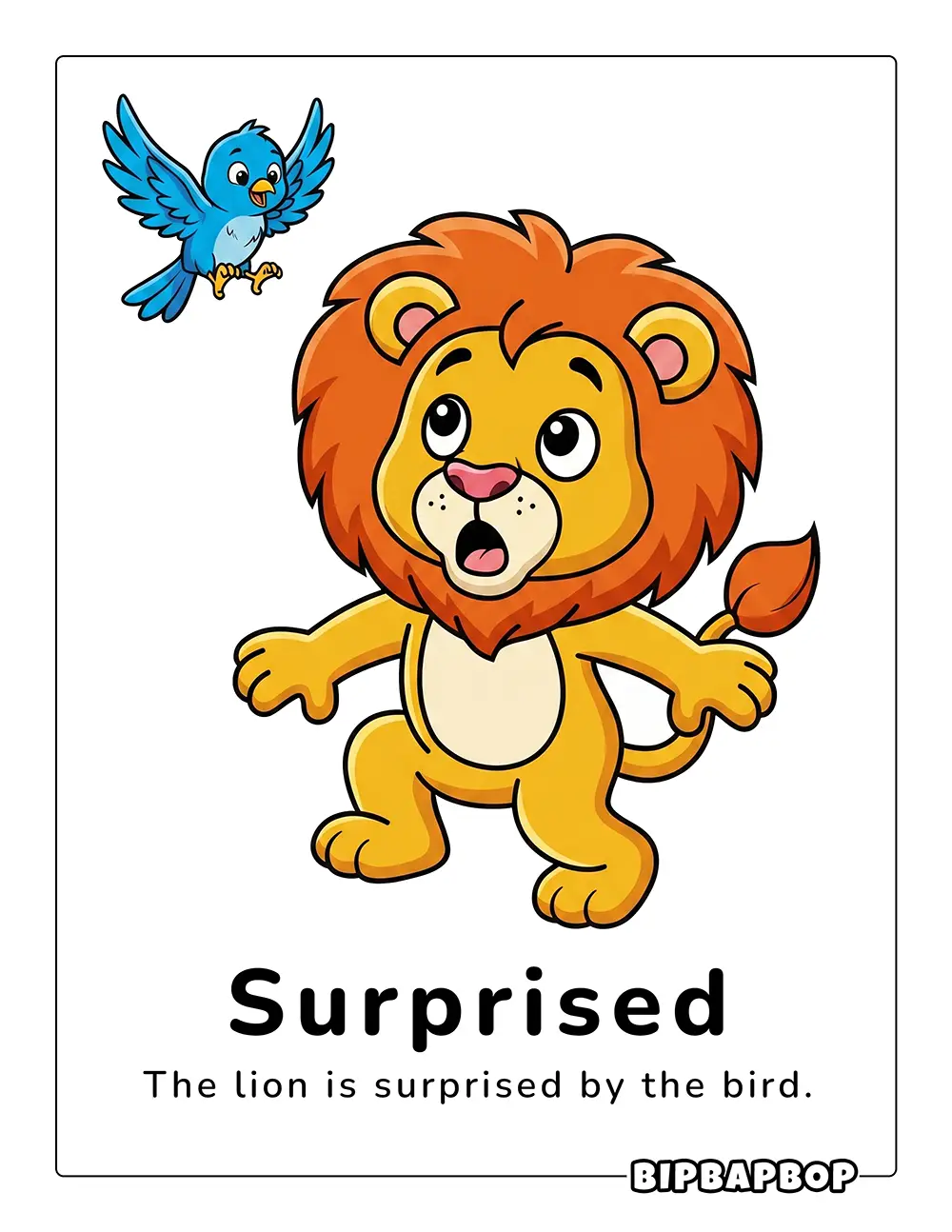 The lion is surprised by the bird