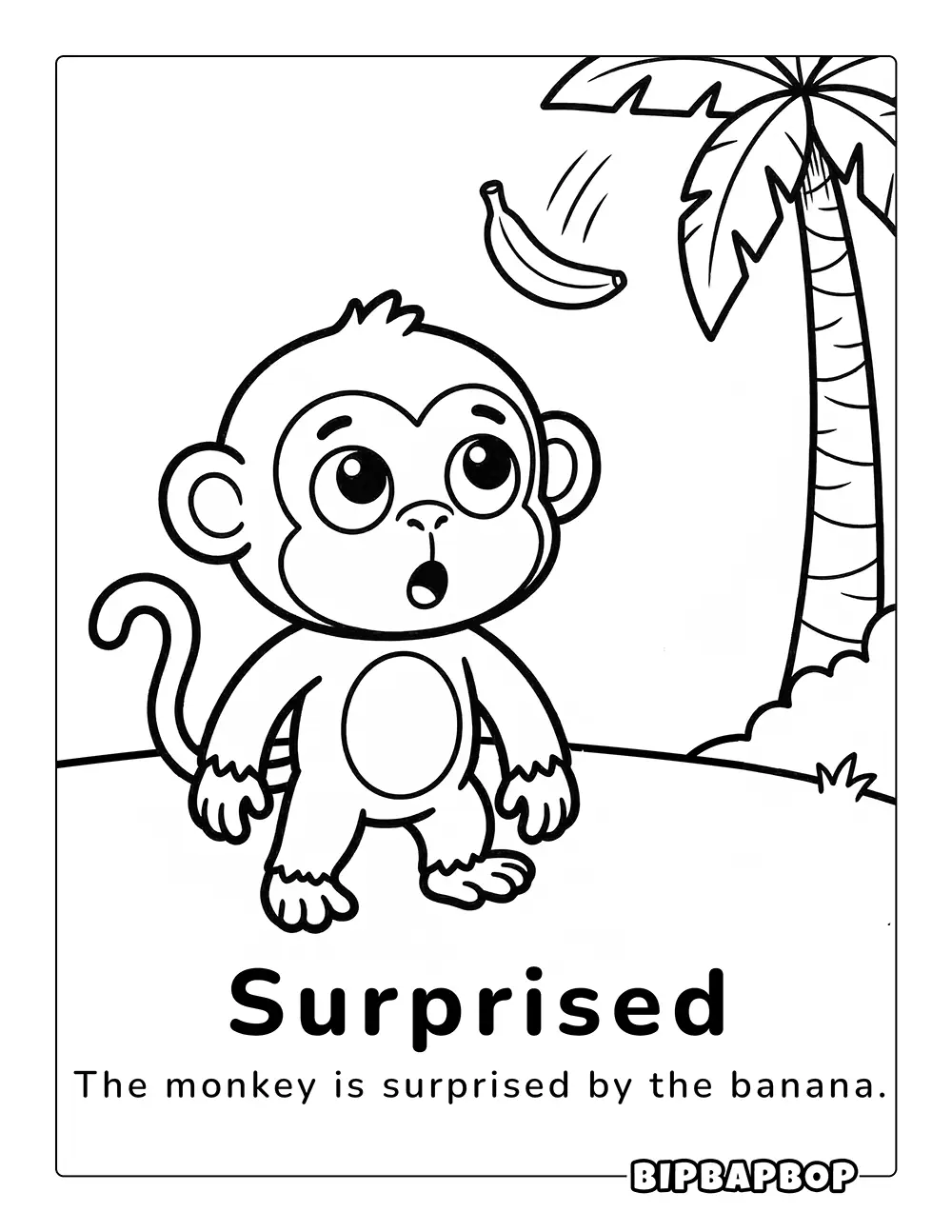 A monkey surprised by a falling banana