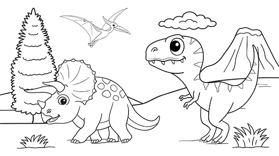 Triceratops Chased By T-Rex Coloring Page Black & White