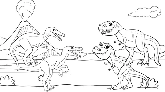Spinosaurus Fighting T-Rex Coloring Sheet Black & White