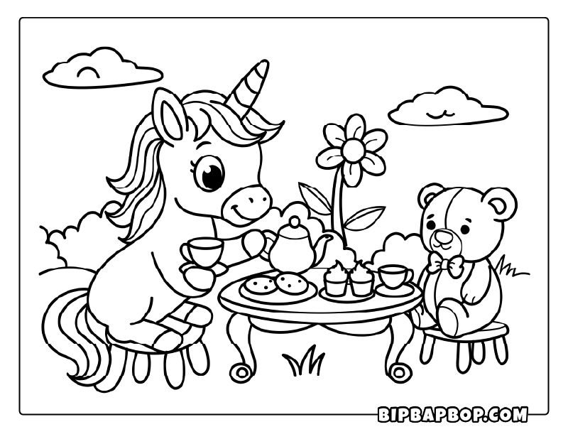 Tea Unicorn Coloring Page