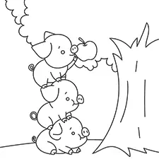 Three Pigs Reaching For An Apple Coloring Page