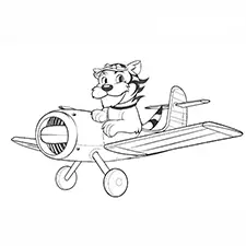 Tiger Pilot Flying Airplane Coloring Page Black & White