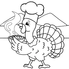 Turkey Holding Pie Coloring Page Black & White