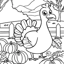 Turkey In A Field Of Pumpkin Coloring Page Black & White