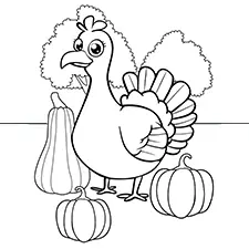 Turkey With Pumpkins Coloring Page Black & White