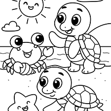 Turtles and Crab Playing At The Beach Coloring Page