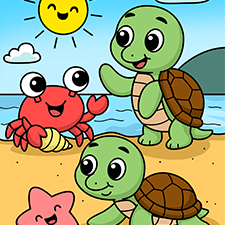 Turtles and Crab Playing At The Beach Printable