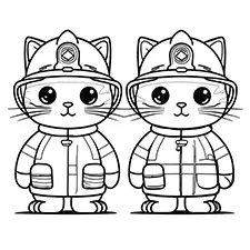 Two Cute Cat Firemen Coloring Page Black & White