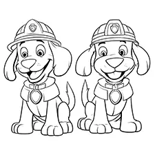 Two Cute Puppy Firemen Coloring Page Black & White
