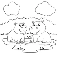 Two Hippos In Mud Coloring Page Black & White