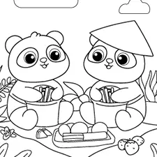 Two Pandas Having A Picnic Coloring Page Black & White