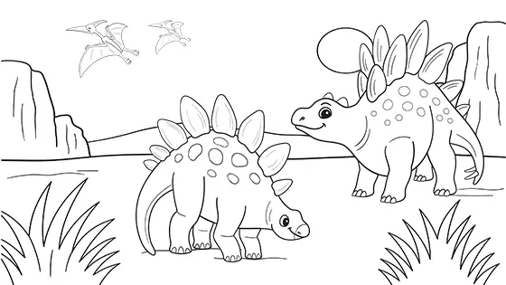Two Stegosaurus Searching For Food Coloring Page Black & White