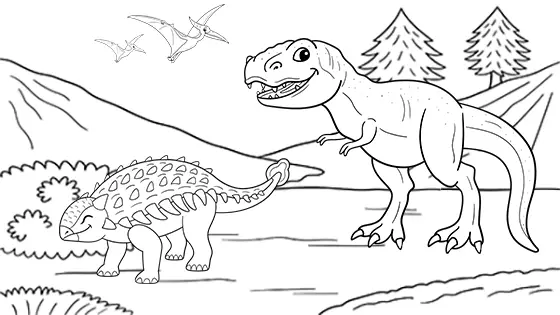 Tyrannosaurus Chasing Ankylosaurus Coloring Sheet Black & White