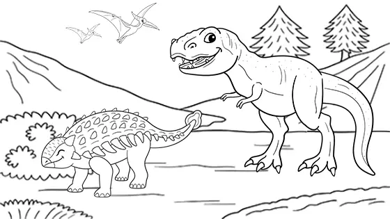 Ankylosaurus Chased By T-Rex Coloring Page