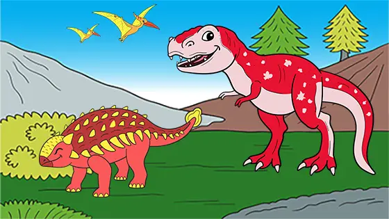 Tyrannosaurus Chasing Ankylosaurus Coloring Sheet Color