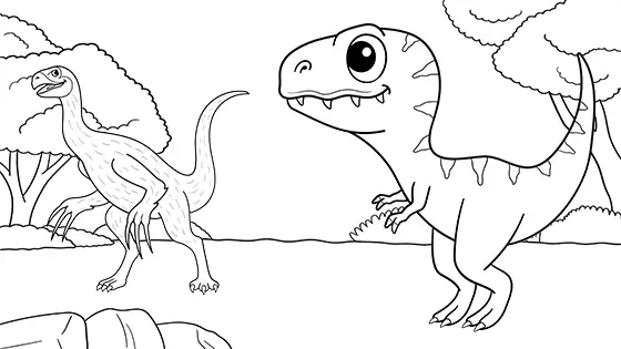 Tyrannosaurus Chasing Therizinosaurus Coloring Page Black & White