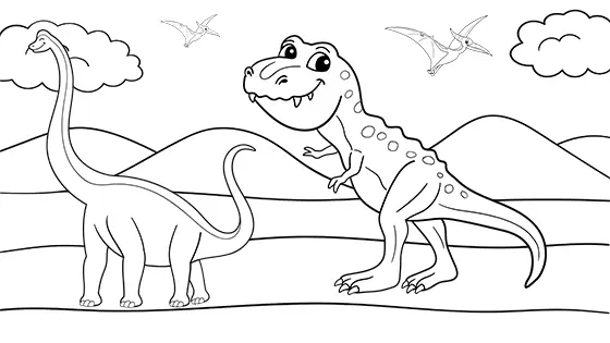 Diplodocus Escaping From T-Rex Coloring Page Black & White