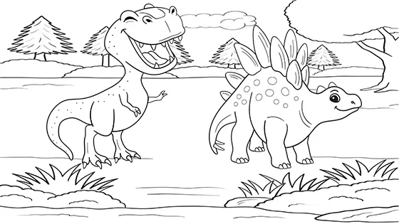 Stegosaurus Running From Tyrannosaurus Rex Coloring Page