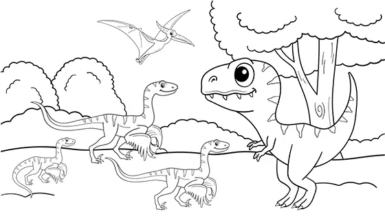 Group of Velociraptors Fighting T-Rex Coloring Page Black & White