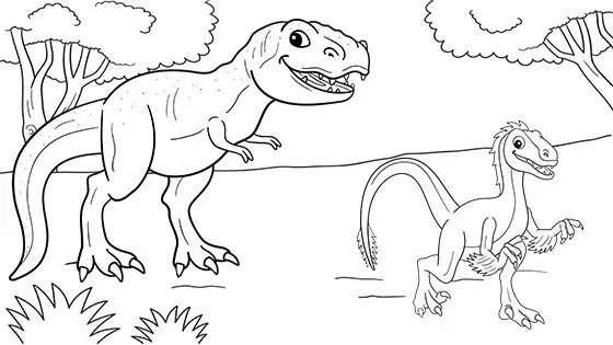 Tyrannosaurus Rex Running After A Velociraptors Coloring Page Black & White