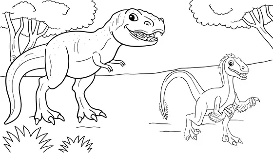 Velociraptor Running From Tyrannosaurus Rex Coloring Page Black & White