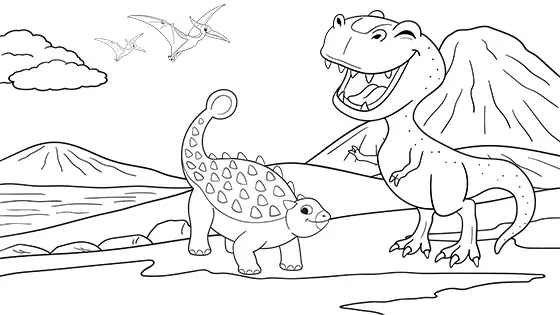 Tyrannosaurus vs Ankylosaurus Coloring Page Black & White