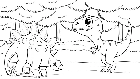 Tyrannosaurus vs Stegosaurus Coloring Page Black & White