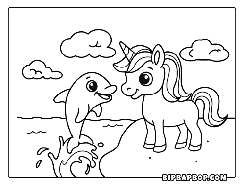 Dolphin and Unicorn Coloring Page