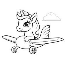 Unicorn Flying Airplane Coloring Page Black & White