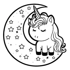 Unicorn Sitting on Moon Coloring Page Black & White