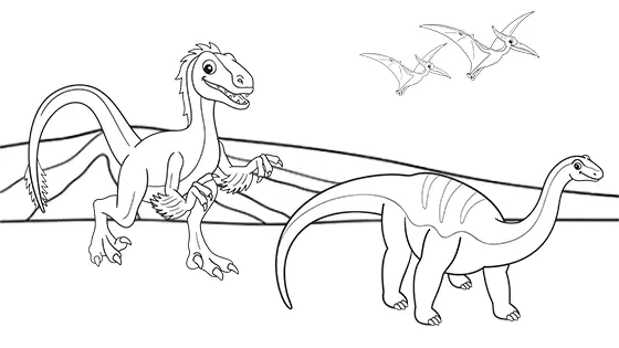 Baby Diplodocus Running From Velociraptor Coloring Page Black & White
