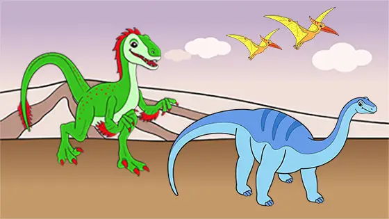 Baby Diplodocus Running From Velociraptor Coloring Page Color