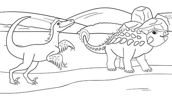 Baby Ankylosaurus Hunted By Velociraptor Coloring Page Black & White