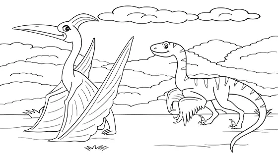 Velociraptor Hunting Sitting Pterodactyl Coloring Page