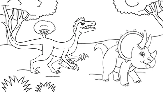 Velociraptor Hunting Small Triceratops Coloring Page Black & White