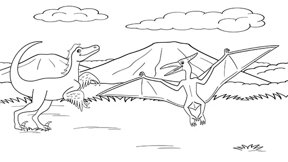 Velociraptor vs. Pterodactyl Coloring Page Black & White