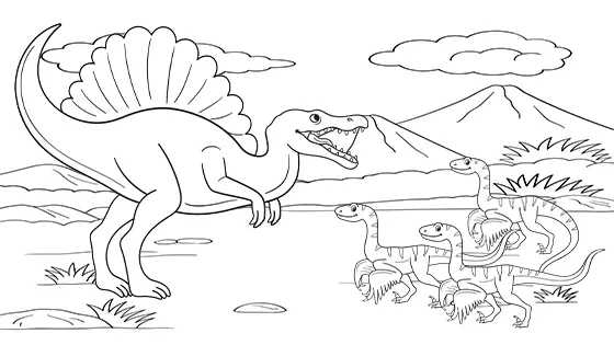 Spinosaurus vs. Velociraptors Coloring Page Black & White