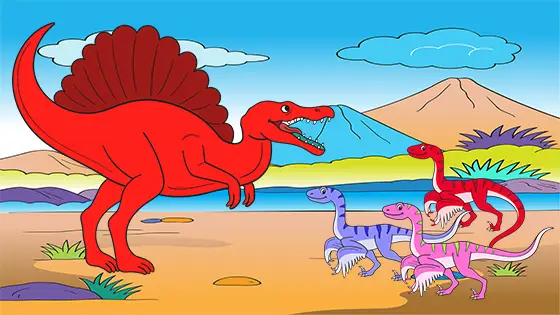 Spinosaurus vs. Velociraptors Coloring Page Color