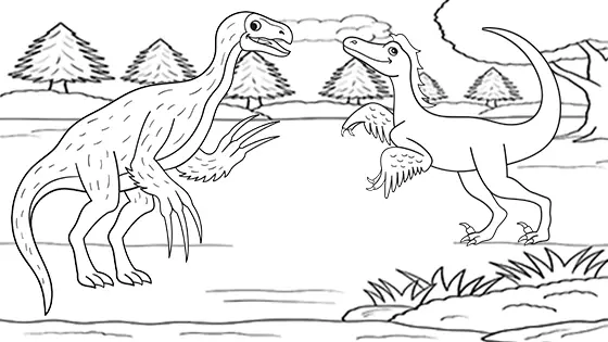 Therizinosaurus vs. Velociraptor Coloring Page