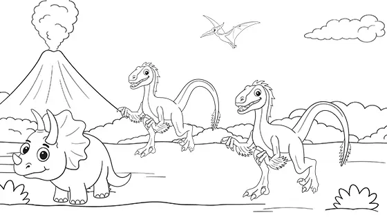 Velociraptors Chase Baby Triceratops Coloring Page Black & White