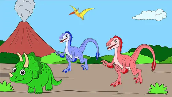 Velociraptors Chase Baby Triceratops Coloring Page Color